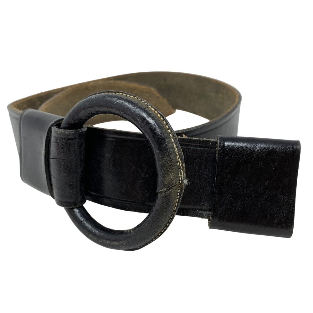 VTG Cuauhtemoc Belt Womens 30 inches Black Round Ring Buckle Embossed Edge